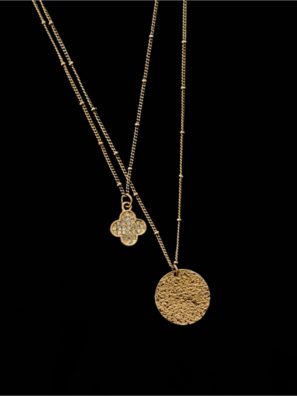 Gold Double-Layer Pendant Necklace | Textured Disc + Pave Clover